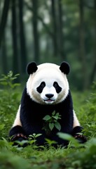 Obraz premium Giant panda sitting in lush green forest. Cute animal in natural habitat. Wildlife scene for nature, conservation, and educational projects.