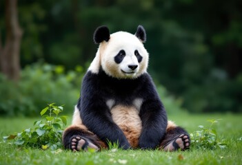 Obraz premium Giant panda sitting in lush green forest. Cute animal in natural habitat. Wildlife scene for nature, conservation, and educational projects.