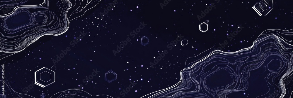 Poster dark blue background with a white outline of digital technology and hexagonal elements for a banner 