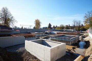 Industrial building site featuring precast concrete components