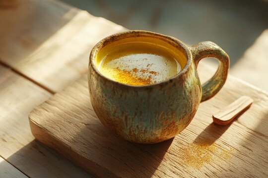 Trendy turmeric drink featuring creamy blend of turmeric, spices, milk, served in rustic, hand-thrown ceramic mug with unique shape texture. Mug sits on reclaimed wooden board with negative space - Powered by Adobe