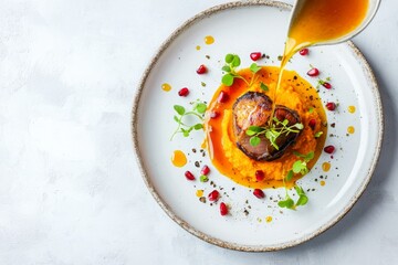 haute cuisine dish on elegant plate dish features pan-seared duck meat with honey-glazed carrot puree, garnished with microgreens and pomegranate seeds on light ceramic surface with space around it