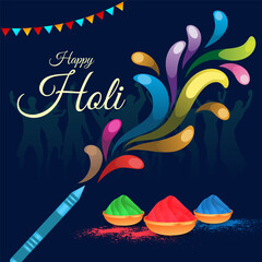 Happy Holi stands out on a vibrant splash of colors with gulal bowls in red green and blue a pichkari spraying water and silhouettes celebrating against a dark blue background with festive bunting