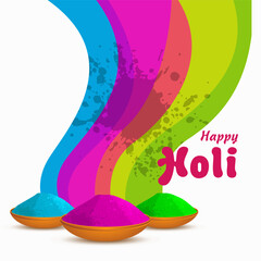 This digital greeting card for Holi features Happy Holi text colorful powder bowls blue pink green and an abstract color wave in vibrant shades set against a light background