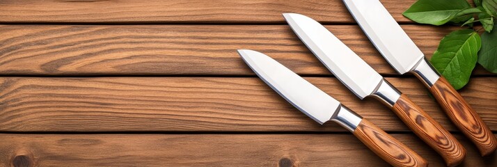 Three Carving Knives on Wooden Background - Sharp carving knives with wooden handles, precision tools, culinary art, kitchen essentials, cooking preparation.