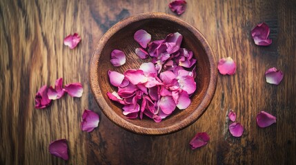 Wooden bowl filled with rose petals