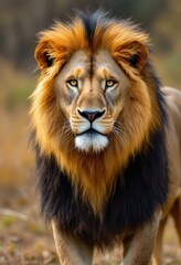 Fototapeta premium Majestic lion standing in grassy savannah, symbolizing strength and wildlife conservation. Great for safari, nature, and wildlife-themed events, World Lion Day, or educational projects