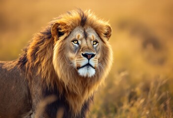 Fototapeta premium Majestic lion standing in grassy savannah, symbolizing strength and wildlife conservation. Great for safari, nature, and wildlife-themed events, World Lion Day, or educational projects