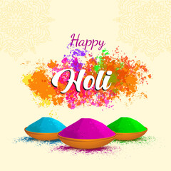 This Holi greeting card showcases Happy Holi in a stylized font vibrant color splashes symbolizing gulal and bowls of colorful powder The light background has a subtle mandala design