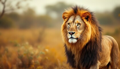 Fototapeta premium Majestic lion standing in grassy savannah, symbolizing strength and wildlife conservation. Great for safari, nature, and wildlife-themed events, World Lion Day, or educational projects