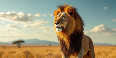 Obraz premium Majestic lion standing in grassy savannah, symbolizing strength and wildlife conservation. Great for safari, nature, and wildlife-themed events, World Lion Day, or educational projects