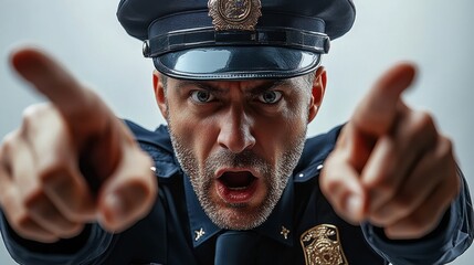 Intense police officer passionately directing traffic while expressing urgency and authority in a busy urban setting during daylight hours