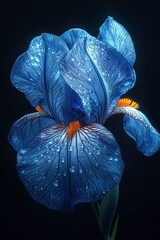 Blue iris flower with water droplets on dark background.