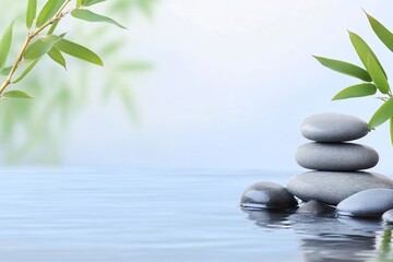 Obraz premium Tranquil River Scene with Stacked Stones and Bamboo - Serenity, balance, nature, peace, and mindfulness are symbolized in this image of smooth stones stacked on a tranquil river with bamboo leaves.