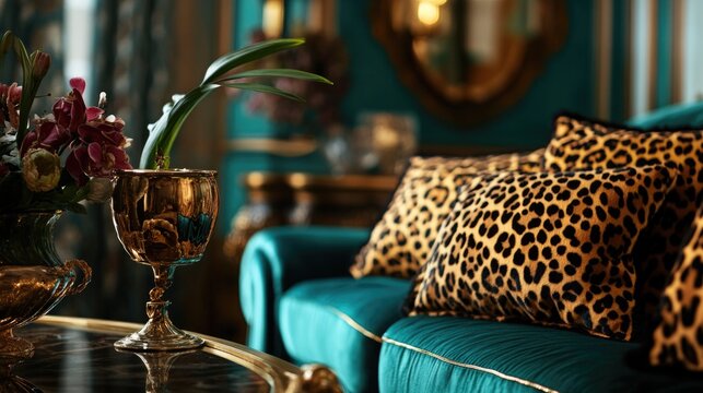 Luxury sitting area with elegant color scheme, gold accents and leopard print pillows.
