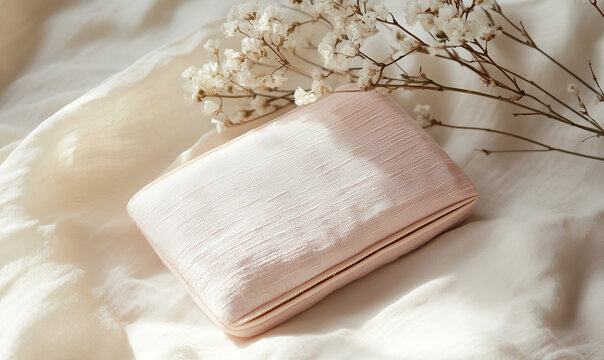 Pink makeup pouch on soft beige fabric, offering a delicate and stylish storage solution for beauty essentials