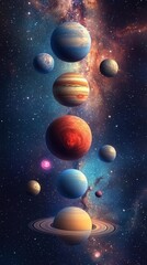 Exploration of the solar system, showcasing planets and cosmic wonders against a backdrop of stars and galaxies