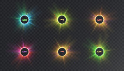 Naklejka premium Abstract background of glowing vector circles in bright colorful colors, light effect around bright circles with bright glow on transparent background.
