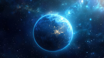Fototapeta premium Earth Glowing at Night from Space with Twinkling City Lights Across Continents Against the Vast Dark Expanse of the Universe