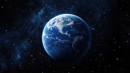 Naklejka premium Earth Glowing at Night from Space with Twinkling City Lights Across Continents Against the Vast Dark Expanse of the Universe