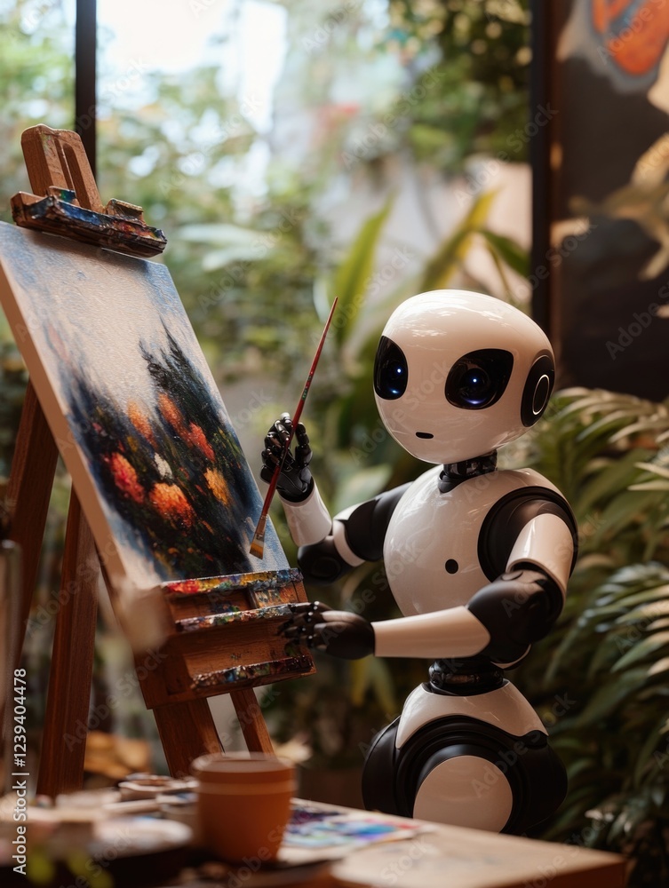 Aufkleber smart robot with a.i. is painting a picture on canvas using digital art tools, showcasing the integr