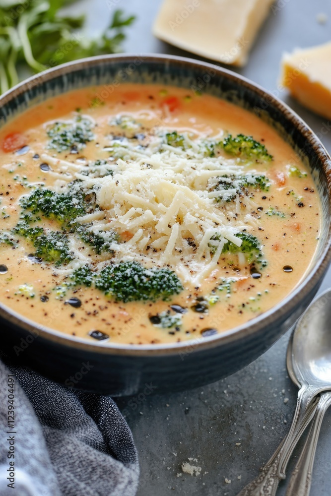 Poster a bowl of soup with a generous amount of cheese and broccoli on top. the soup is creamy and rich, an