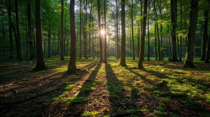 Obraz premium A peaceful woodland scene with sunlight filtering through the trees, revealing the beauty of the natural landscape