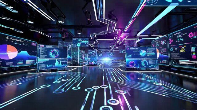 A breathtaking 4K ultra-HD conceptual stock video capturing the dynamic world of digital marketing, social media, and advertising, where data-driven visuals, futuristic interfaces, and consumer behavi