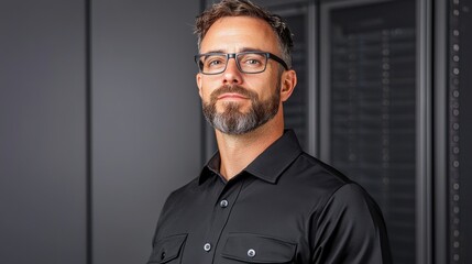 Portrait of a man with stubble and glasses, wearing a black collared shirt, standing in front of a dark gray background with server racks. Neutral expression, serious mood.
