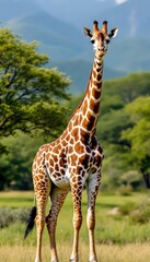 Obraz premium Giraffe standing in lush savannah with rainbow in background. Serene wildlife scene for nature and travel inspiration.