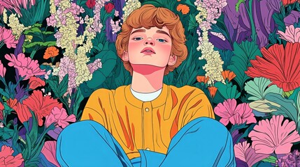 Fototapeta premium Colorful portrait of a pensive youth amidst vibrant floral background