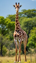 Fototapeta premium Giraffe standing in lush savannah with rainbow in background. Serene wildlife scene for nature and travel inspiration.