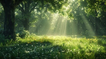 Obraz premium A serene forest scene with sunlight streaming through the tree canopy, highlighting the natural landscape of plants and grass