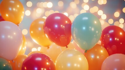 Colorful helium filled balloons in air, creating a festive atmosphere.