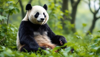 Obraz premium Giant panda sitting in lush green forest. Cute animal in natural habitat. Wildlife scene for nature, conservation, and educational projects.