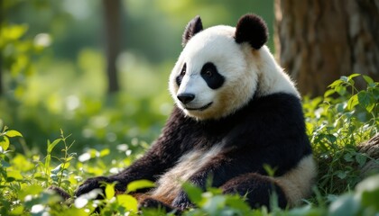 Fototapeta premium Giant panda sitting in lush green forest. Cute animal in natural habitat. Wildlife scene for nature, conservation, and educational projects.