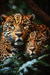 Fototapeta premium Momma jaguar with her cub, captured in a natural habitat. A powerful predator and symbol of South America's conservation efforts.