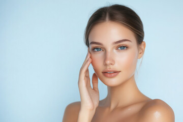 A young woman with flawless, glowing skin gently touches her face, radiating natural beauty and softness. Perfect for skincare, wellness, and beauty concepts, emphasizing health, self-care
