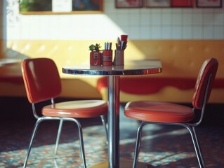 Red metal diner table and chairs, set for a meal in the sun. Retro style, perfect for vintage decor...