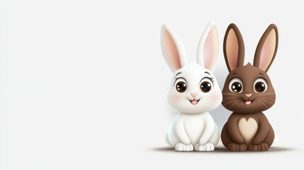 Obraz premium Two Adorable Cartoon Rabbits - Friendship, love, spring, Easter, innocence. Cute white and brown bunnies sitting together.