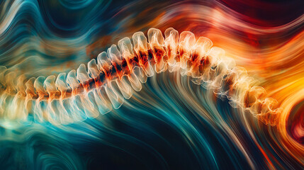 A striking X-ray image of a spine, illuminated with dynamic lines and patterns that convey movement and flexibility, set against a backdrop of swirling colors representing vitality.