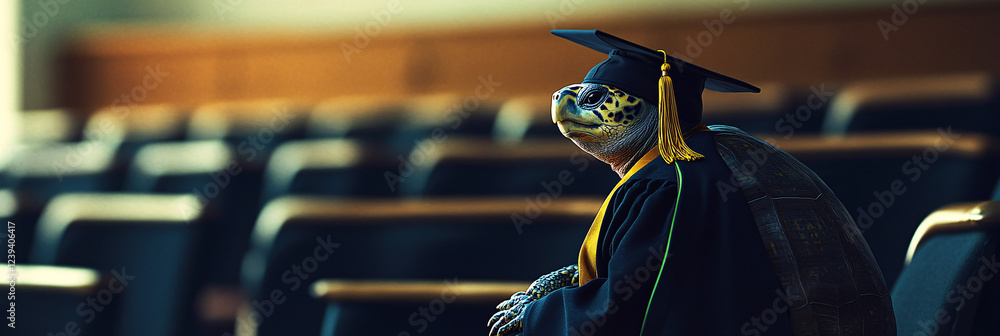 Poster a studious turtle in a cap and gown, sitting in a lecture hall with abstract shapes of knowledge flo