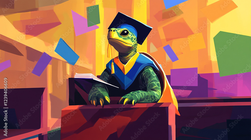 Poster a studious turtle in a cap and gown, sitting in a lecture hall with abstract shapes of knowledge flo