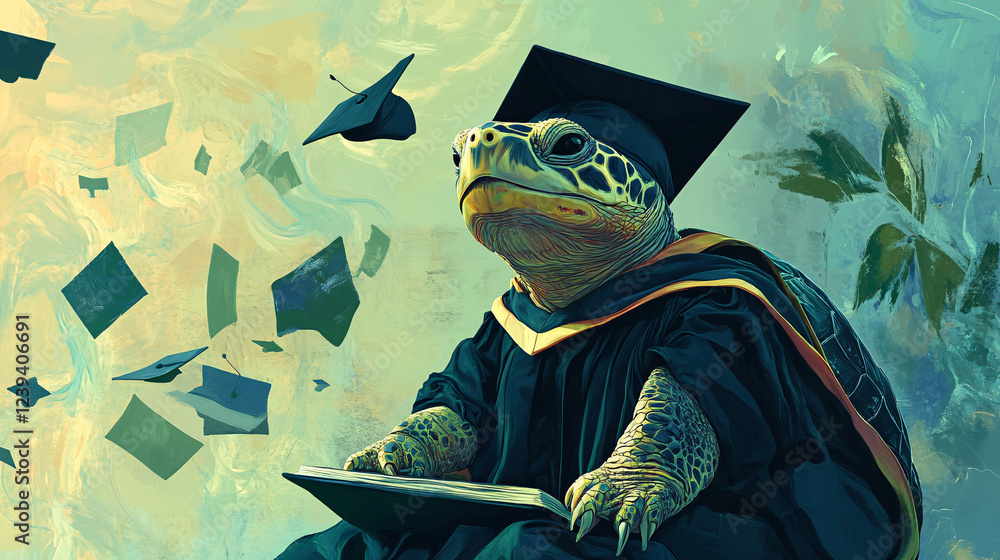 Poster a studious turtle in a cap and gown, sitting in a lecture hall with abstract shapes of knowledge flo