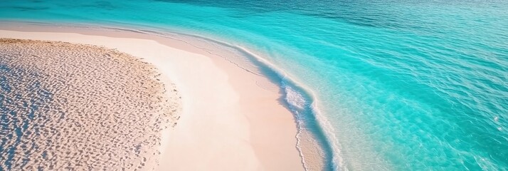 An aerial view reveals a serene tropical beach where soft white sand meets crystalclear turquoise waters, capturing the essence of blissful summer vacations and ultimate relaxation