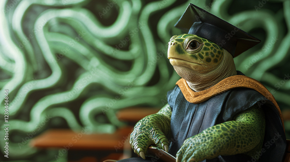Poster a studious turtle in a cap and gown, sitting in a lecture hall with abstract shapes of knowledge flo