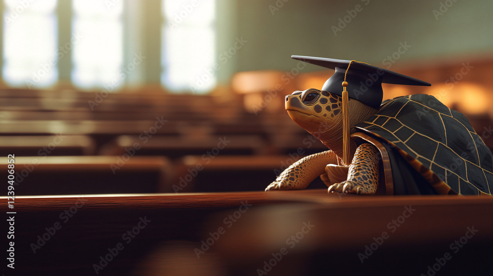 Poster a studious turtle in a cap and gown, sitting in a lecture hall with abstract shapes of knowledge flo