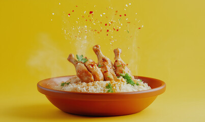 Hainanese Chicken Rice on a Clay Plate Elevated in Mid-Air, A Flavorful and Comforting Traditional Dish