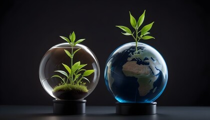 Un globo de cristal brillante que representa el planeta Tierra con turbinas eólicas y una pequeña planta que crece en primer plano, sobre un fondo oscuro