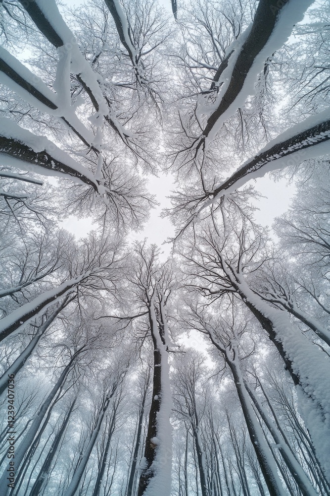Aufkleber a snow covered forest with trees in the foreground and background. the sky is cloudy and the sun is 